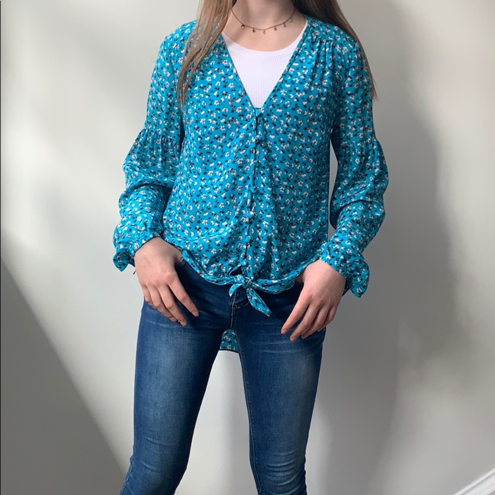 Veronica Beard Long Sleeve Turquoise Flower Blouse